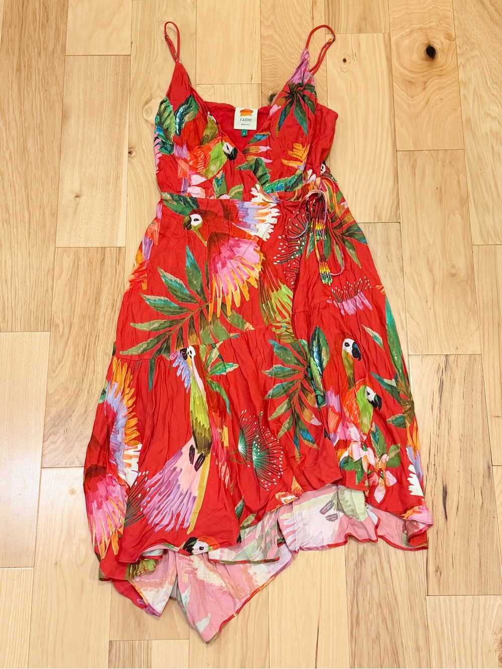 Farm Rio Women’s Asymmetrical Spaghetti Strap Macaw Wrap Midi Dress - Picture 2 of 5